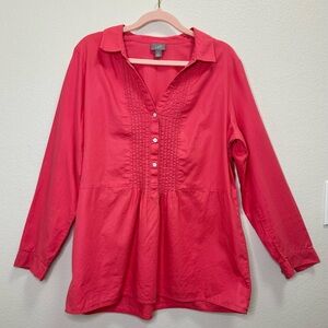 J. Jill Medium Pintuck Pleated Tunic Top Coral 3/4 Button Up Peasant Lagenlook